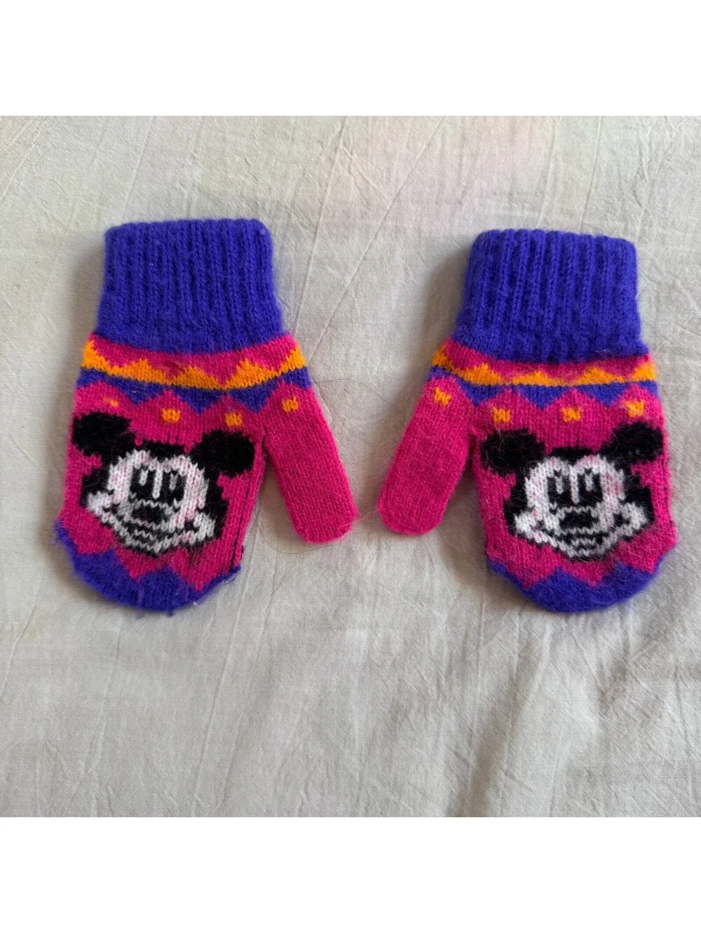 Vintage Knit Mittens Pink Purple Mickey Mouse Pattern Small